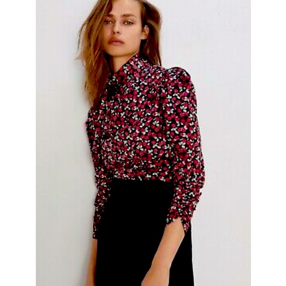 Zara Tops - 🌸NWT ZARA FLORAL PRINT SILK SATIN BLOUSE BLACK PUFFY SHOULDER SMALL